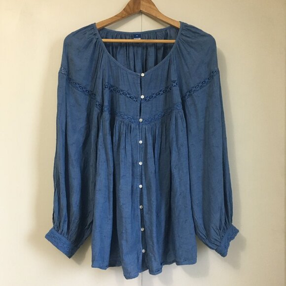 Blue Plentiful Pleats Billowing Sleeve Lace and Floral Texture Button Up Blouse - Picture 1 of 16